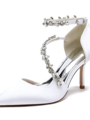 Women's Silk Satin With Ankle Strap Rhinestone Closed Toe Stiletto Heel Party Shoes