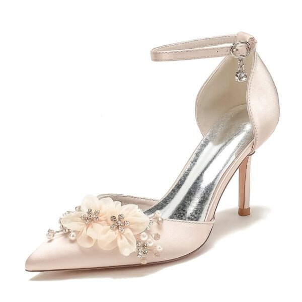 Women's Silk Satin With Flower Ankle Strap Closed Toe Stiletto Heel Evening Shoes