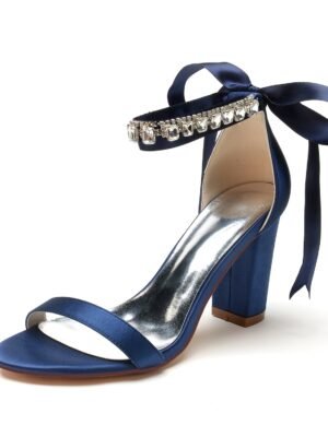 Women's Silk Satin With Ankle Strap Lace-up Rhinestone Peep Toe Chunky Heel Evening Shoes