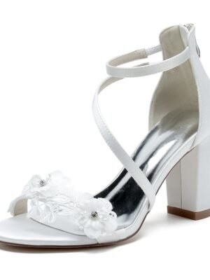 Women's Ankle Strap Flower Peep Toe Silk Satin With Chunky Heel Party Shoes