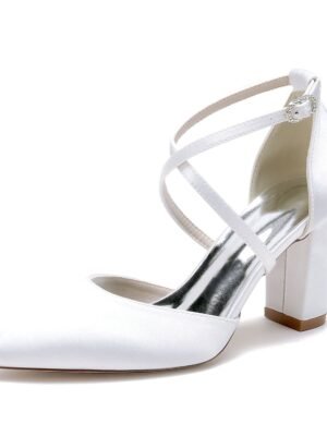 Women's Silk Satin With Ankle Strap Closed Toe Chunky Heel Wedding Shoes