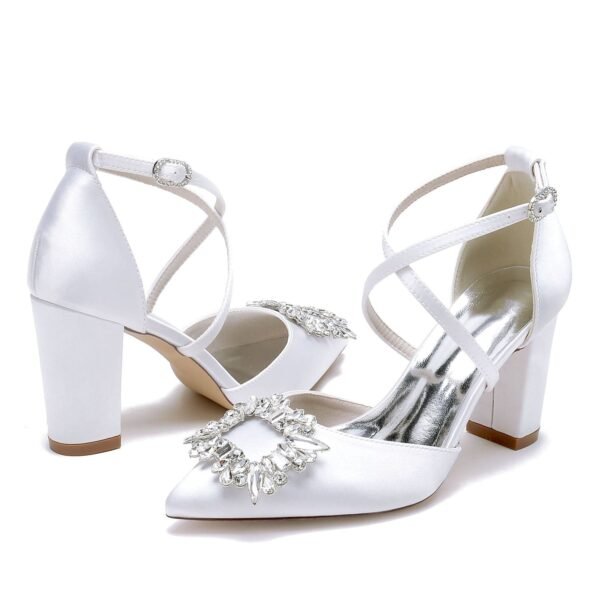 Women's Silk Satin With Ankle Strap Rhinestone Closed Toe Chunky Heel Wedding Shoes