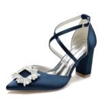 Women's Silk Satin With Ankle Strap Rhinestone Closed Toe Chunky Heel Wedding Shoes