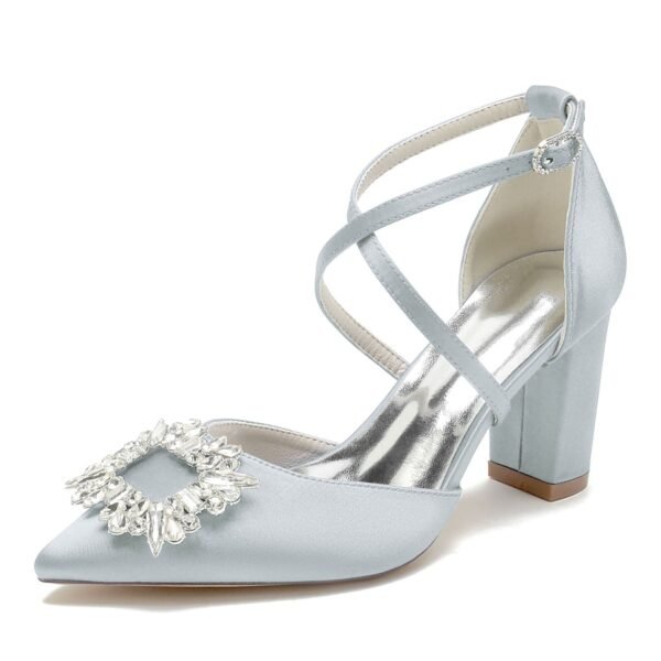 Women's Silk Satin With Ankle Strap Rhinestone Closed Toe Chunky Heel Wedding Shoes