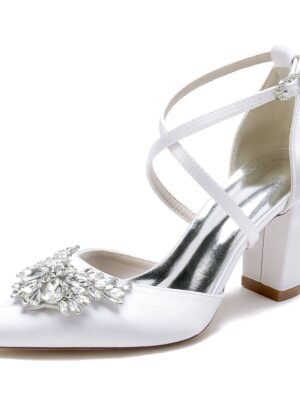 Women's Silk Satin With Ankle Strap Rhinestone Closed Toe Chunky Heel Party Shoes