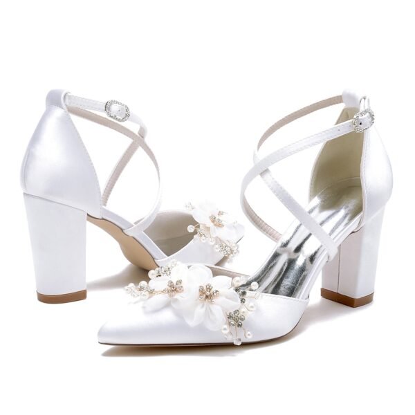 Women's Silk Satin With Ankle Strap Flower Closed Toe Chunky Heel Wedding Shoes