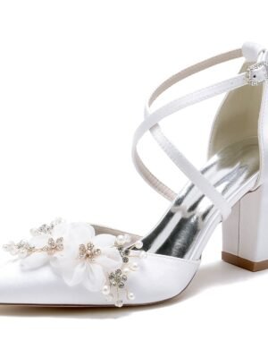 Women's Silk Satin With Ankle Strap Flower Closed Toe Chunky Heel Wedding Shoes