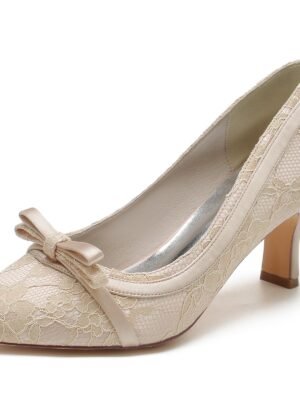 Women's Lace Silk Satin With Bowknot Lace Closed Toe Spool Heel Wedding Shoes