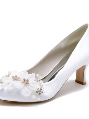 Women's Silk Satin With Flower Closed Toe Spool Heel Wedding Shoes