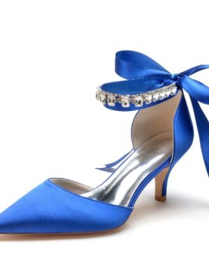 Women's Silk Satin With Ankle Strap Lace-up Rhinestone Closed Toe Stiletto Heel Wedding Shoes