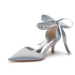 Women's Silk Satin With Ankle Strap Lace-up Rhinestone Closed Toe Stiletto Heel Wedding Shoes