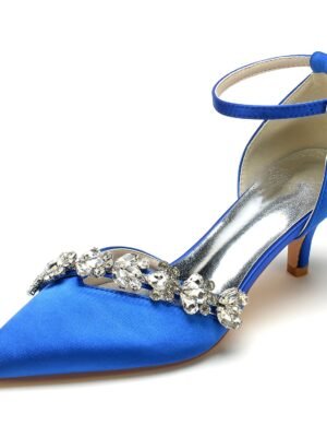 Women's Silk Satin Ankle Strap With Rhinestone Stiletto Heel Closed Toe Wedding Shoes