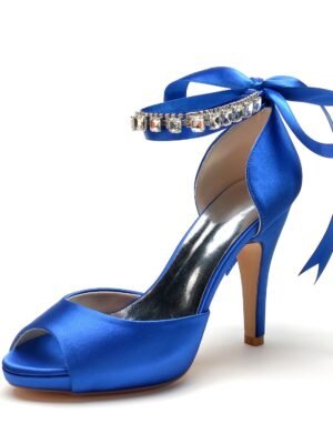 Women's Silk Satin With Ankle Strap Lace-up Rhinestone Peep Toe Stiletto Heel Evening Shoes